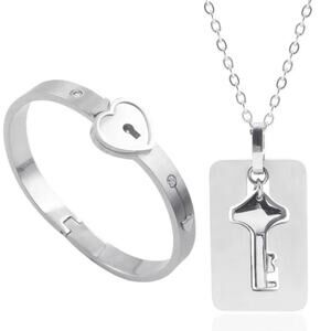 Stainless steel locking silver bracelet with key necklace and heart shape lock